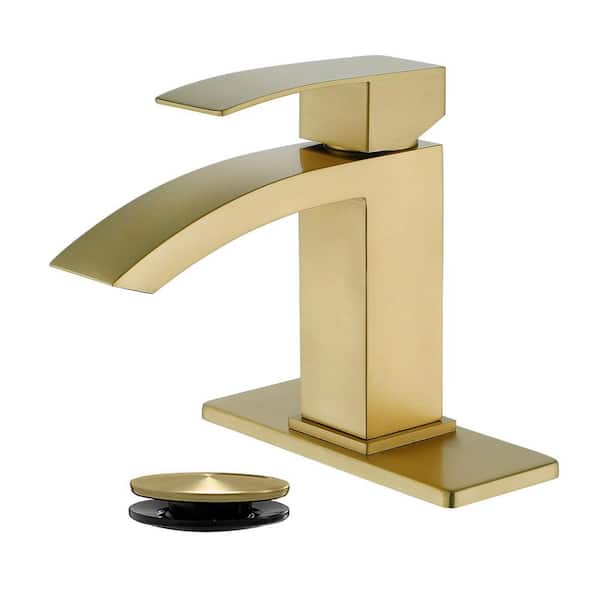Arc Waterfall Single Handle Single Hole Bathroom Faucet with Drain Kit Included in Gold