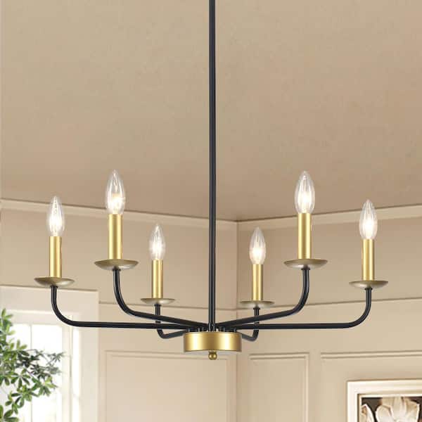 ZJVAIVE 6-Light Rustic Black and Spray Gold Candlestick Hanging Island Linear Chandelier Pedant Light for Kitchen Island