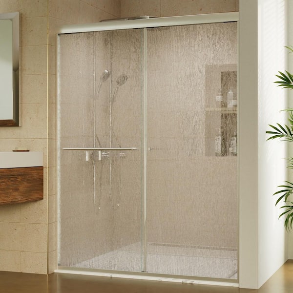 50-54 in. W x 70 in. H Sliding Frameless Shower Door in Brushed Nickel with 1/4 in. (6 mm) Rain Glass