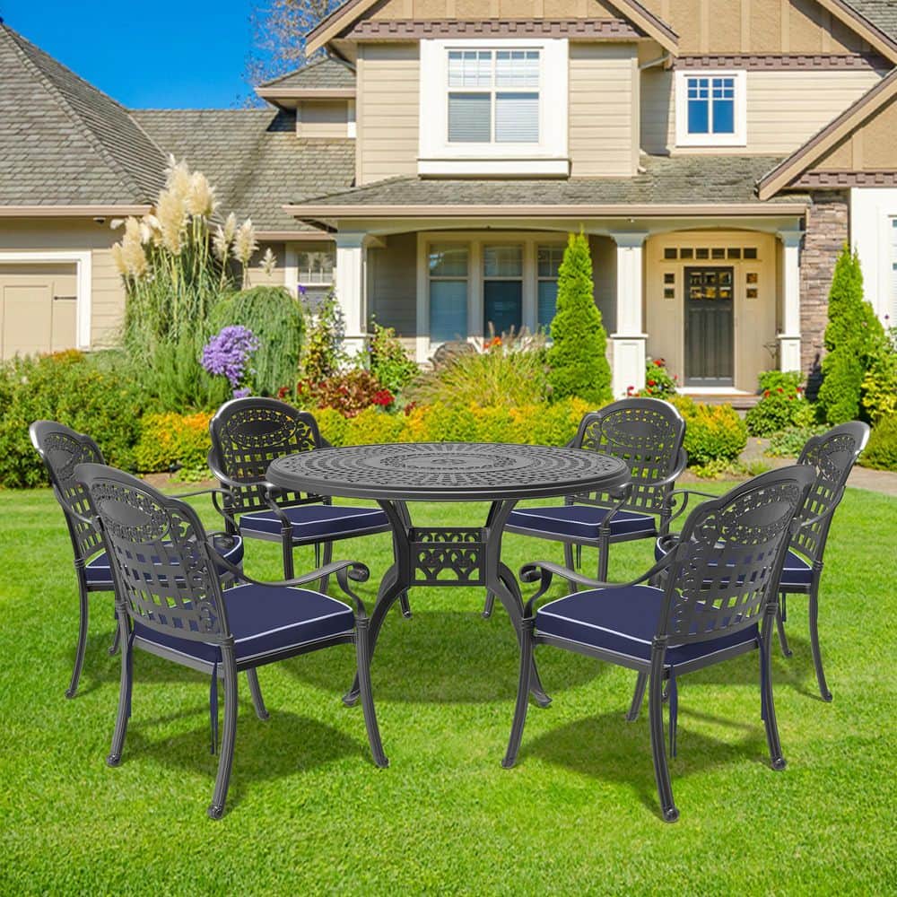 Black 7-Piece Cast Aluminum Round Outdoor Dining Set with Blue Cushions and Stackable Chairs price history on PriceWatchPro
