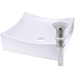 Modern White Porcelain Square Vessel Sink with Umbrella Drain in Chrome