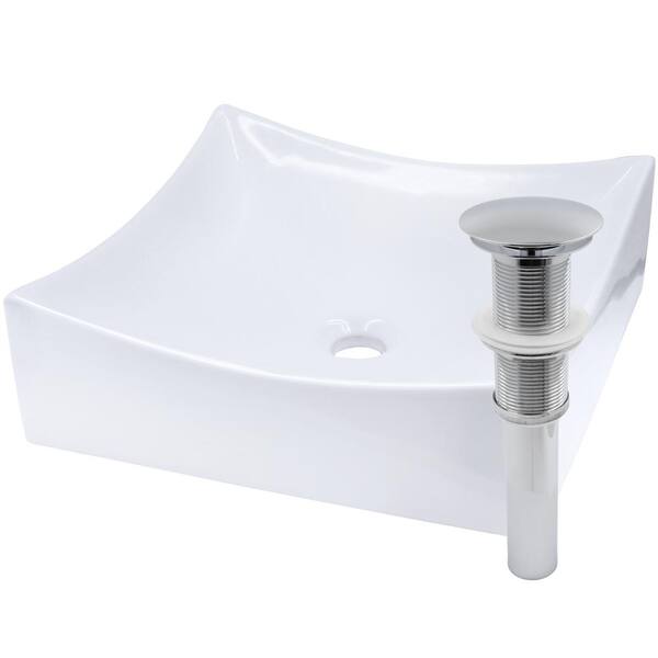 Novatto Modern White Porcelain Square Vessel Sink with Umbrella Drain