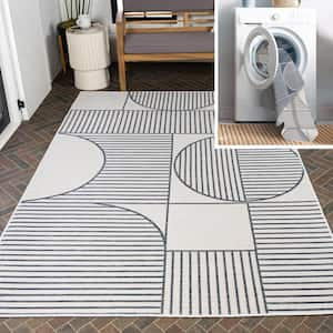 Arielle Mid-Century Modern Geometric Lines Reversible Machine Washable Navy/Cream 4 ft. x 6 ft. Indoor/Outdoor Area Rug