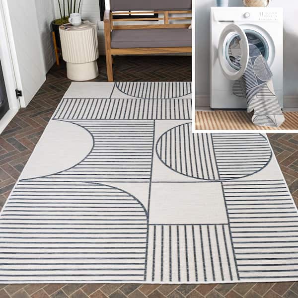 Arielle Mid-Century Modern Geometric Lines Reversible Machine Washable Navy/Cream 5 ft. x 8 ft. Indoor/Outdoor Area Rug