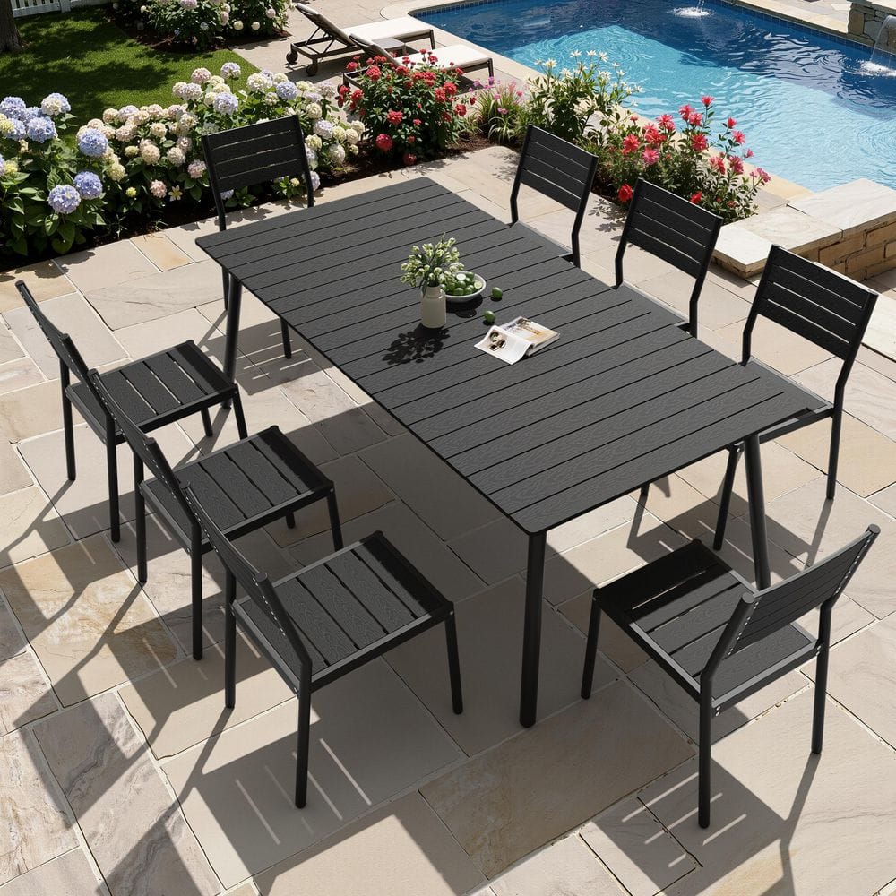 9-Piece Aluminum Frame Wood-Plastic Composite Rectangular Outdoor Dining Table Set with Umbrella Hole, Black price history on PriceWatchPro