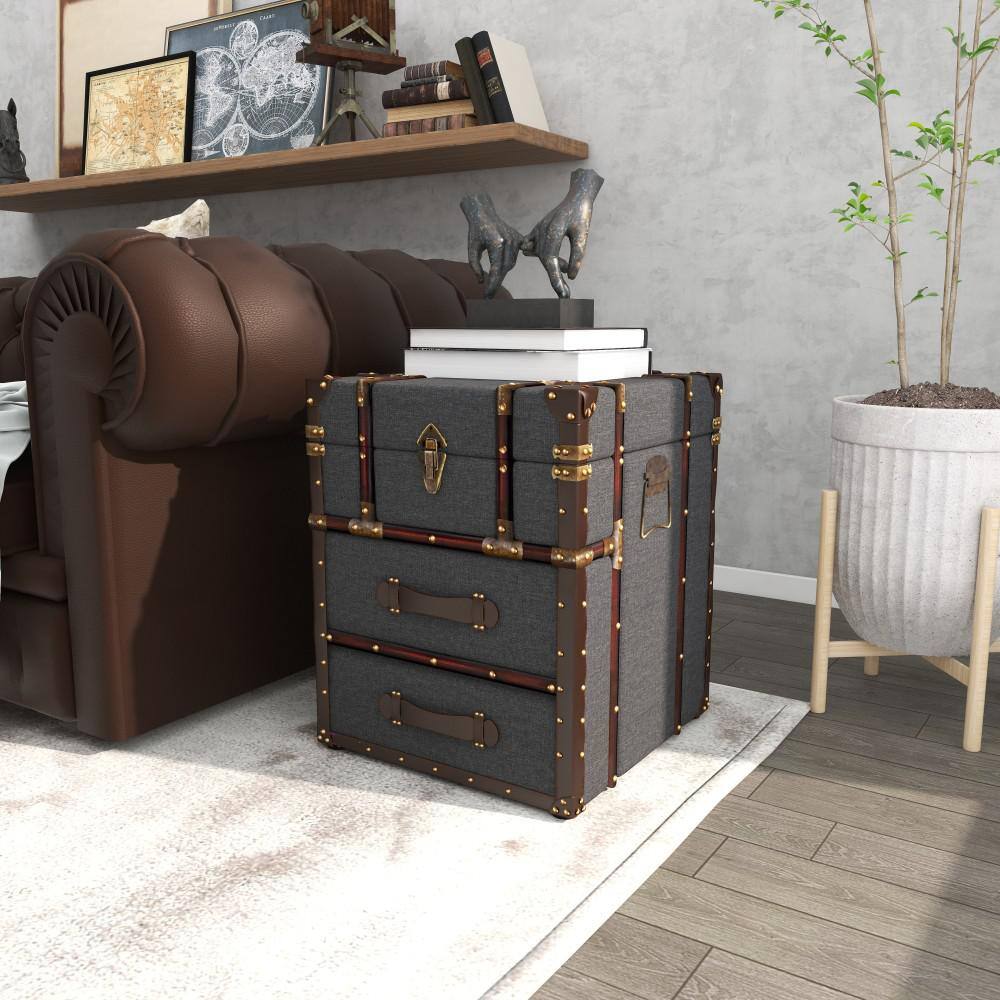 Dark Blue Linen Upholstered Wood End Table with Storage