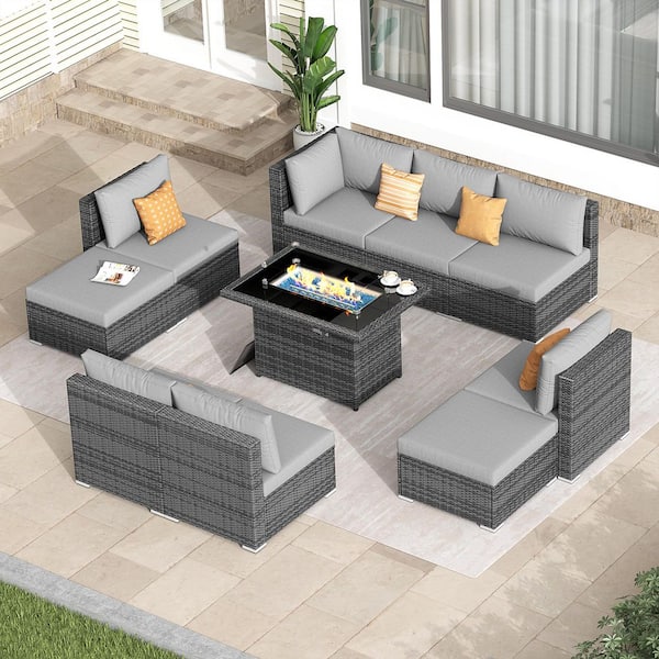 FINCATI Modern 10-Piece Charcoal Wicker Patio Fire Pit Deep Sectional Seating Sofa Set with Light Grey Cushions and Ottomans