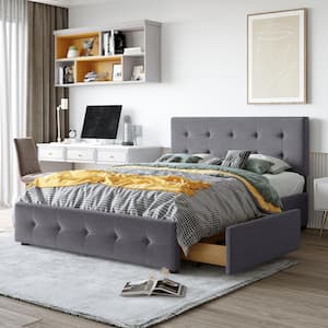 64.5 in. W Dark Gray Queen Size Linen Wood Frame Platform Bed with 4-Drawers