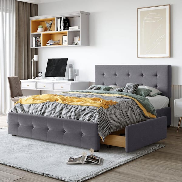 Harper & Bright Designs 64.5 in. W Dark Gray Queen Size Linen Wood Frame Platform Bed with 4-Drawers