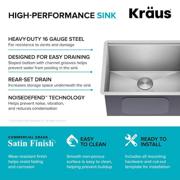 Kraus KWU100-23L 23 in. Kore Undermount Workstation Stainless Steel Single Bowl Laundry Utility Kitchen Sink with Accessories - 16 Gauge