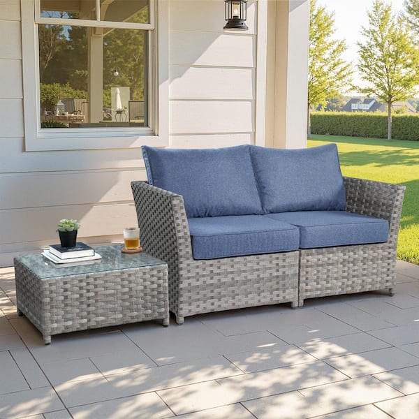 Vanilla 3 Pieces Wicker Patio Conversation Seating Sofa Set with Denim Blue Cushions