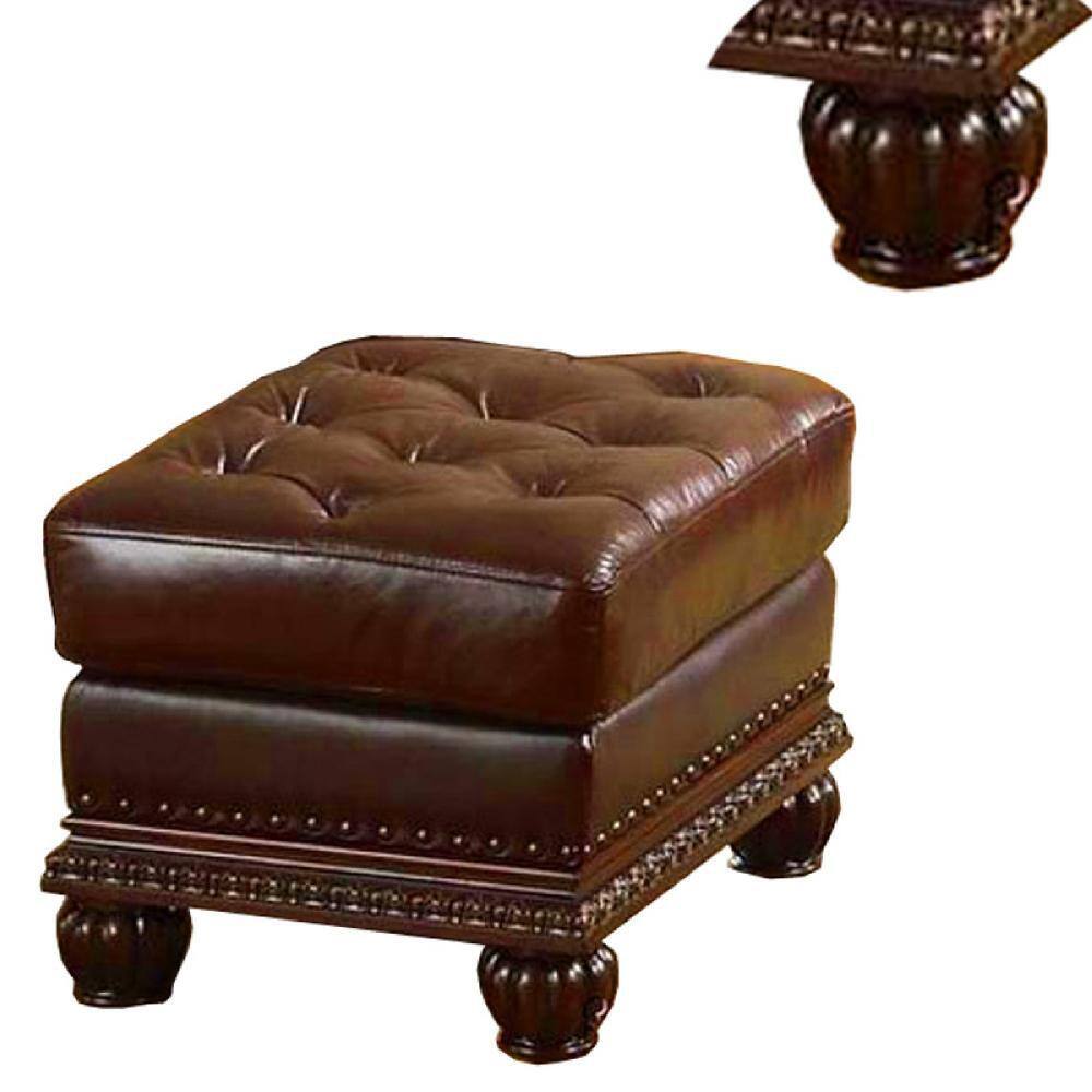 Espresso Brown Faux Leather Tufted Ottoman with Nail Head Trim