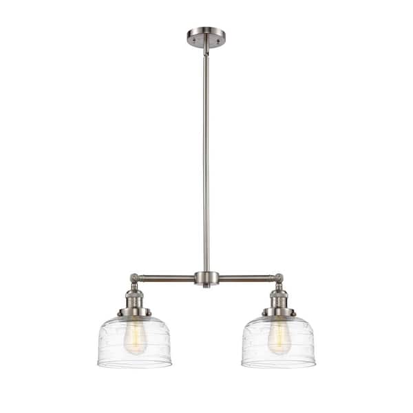 Bell 2-Light Brushed Satin Nickel Clear Deco Swirl Shaded Pendant Light with Clear Deco Swirl Glass Shade
