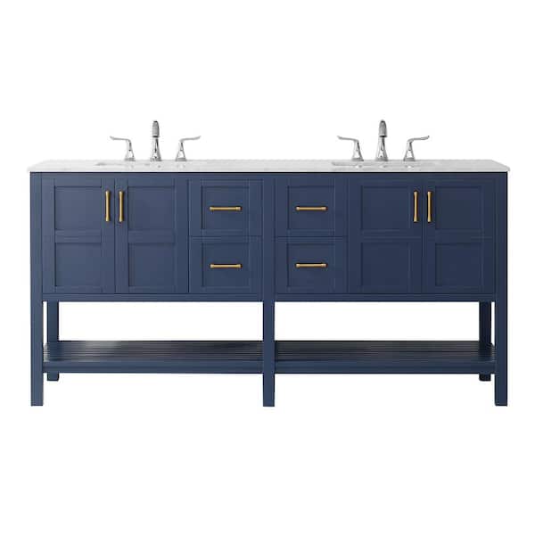ROSWELL Florence 72 in. Bath Vanity in Blue with Marble Vanity Top in White with White Basins