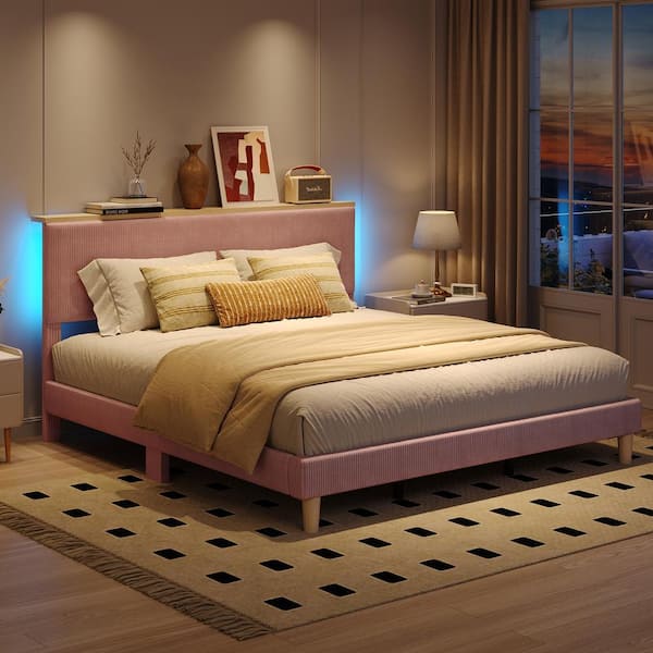 Bestier Pink Wood Frame King Size Velvet Upholstered Platform Bed Frame with Storage Headboard and LED Lights