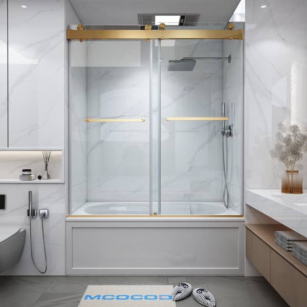 MCOCOD 60 in. W x 60 in. H Double Sliding Frameless Tub Door in Brushed Gold with Soft-Closing and 3/8 in. (10 mm) Clear Glass