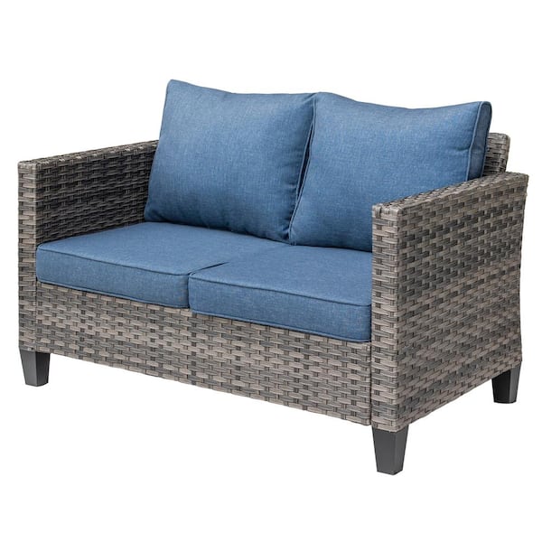 XIZZI Libra Wicker Outdoor Patio 2 Seat Sofa Couch with Denim Blue Cushions
