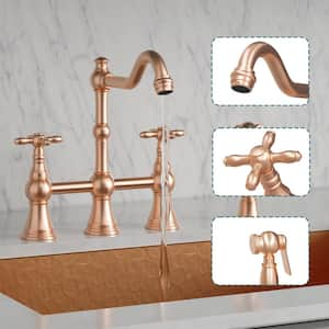 Solid Brass Kitchen Sink Faucet with Side Sprayer, 2 Cross Handles, Copper