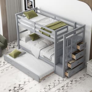 Gray Twin Over Twin Bunk Bed with Trundle and Staircase