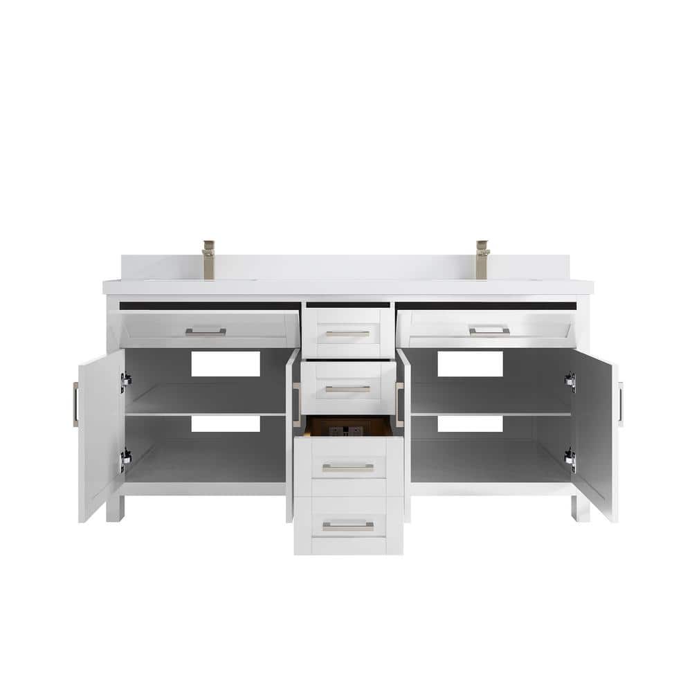 White Solid Wood Double Sink Freestanding Bathroom Vanity with Quartz Top