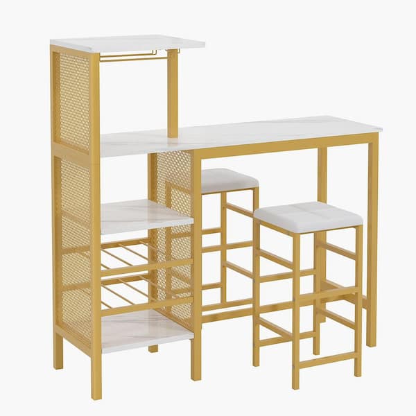 3-Piece Bar Table and Chairs Set for 2 with Storage Shelves, Wine Rack and Cup Holder, Gold Dining Table Set Dining Set