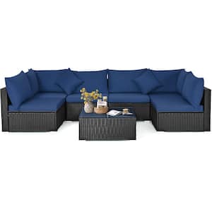 7-Piece Wicker Outdoor Sectional Set with 14 Blue Cushions and 2 Pillows