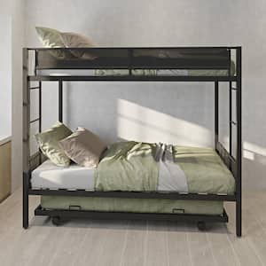 Black Metal Twin Over Twin Bunk Bed with Trundle No Box Spring Needed