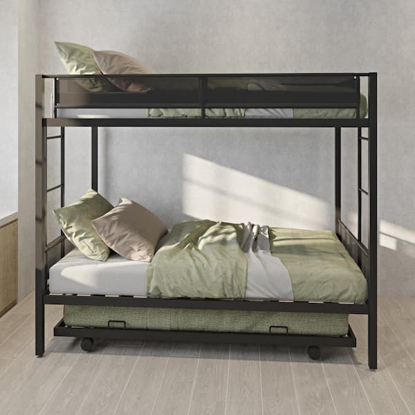 Polibi Black Metal Twin Over Twin Bunk Bed With Trundle No Box Spring ...