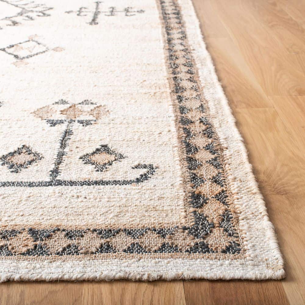 Ivory and Black Handmade Wool Tribal Area Rug, 9' x 12'