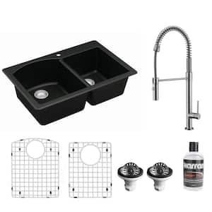 QT-610 Quartz 33 in. 60/40 Double Bowl Drop-In Kitchen Sink in Black with KKF220 Faucet in Stainless Steel