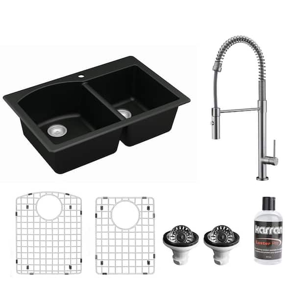 Karran QT-610 Quartz 33 in. 60/40 Double Bowl Drop-In Kitchen Sink in Black with KKF220 Faucet in Stainless Steel