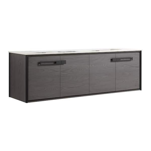 Oakville 72 in. W x 20 in. D x 23.25 in. H Wall Mounted Bathroom Vanity in Black Coal Oak with White Quartz Top