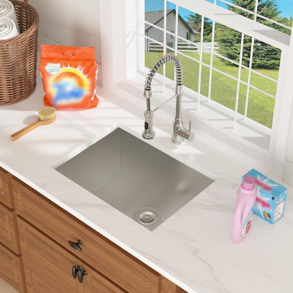 23 Inch Undermount Utility Sink Deep Single Bowl 16 Gauge Stainless Steel Basin for Laundry Room