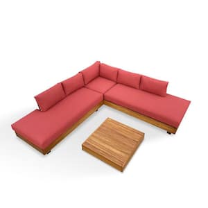 Alden 4-Piece Teak Aluminum Outdoor Patio Sectional Sofa Set with Sunbrella Canvas Terracotta Cushions and Coffee Table