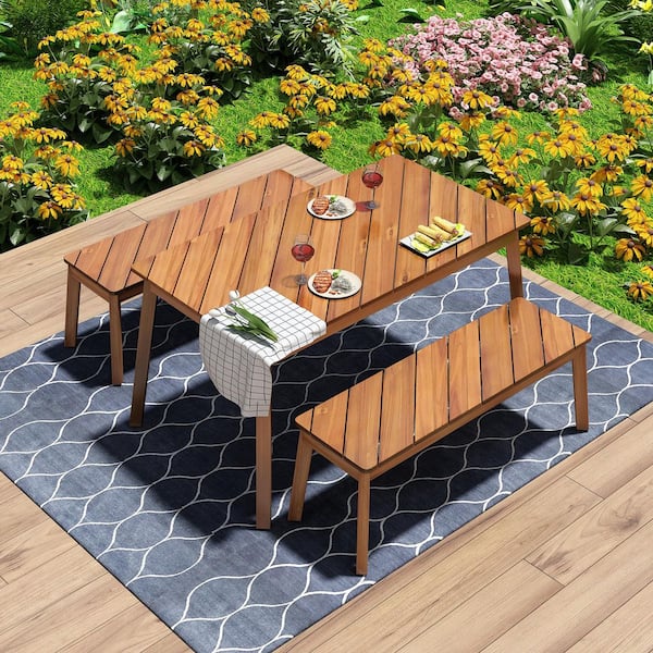 Unbranded 3-Pieces Acacia Wood Rectangular Outdoor Dining Set with 2 Benches