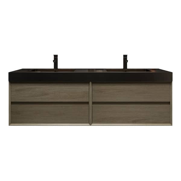 MIA 71 in. W. x 20 in. D x 24 in. H Double Sink Floating Bath Vanity in Coffee Wood with Black Stainless-Steel Top