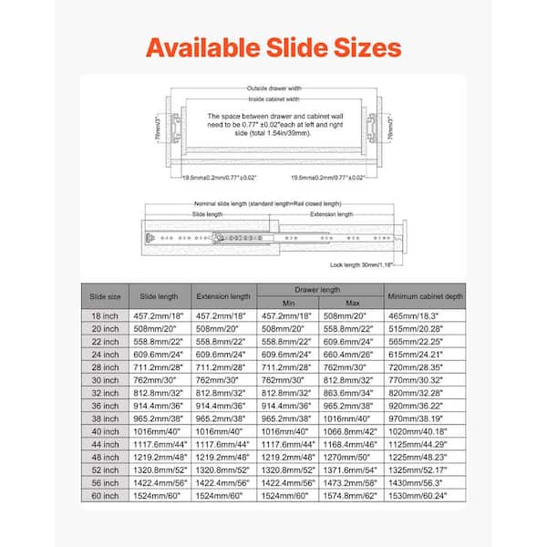 VEVOR 1 Pair Full Extension Locking Drawer Slides 18-60 in., 500
