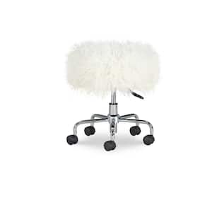 Des 18.25 in. White Faux Fur Adjustable Height Backless Rolling Stool