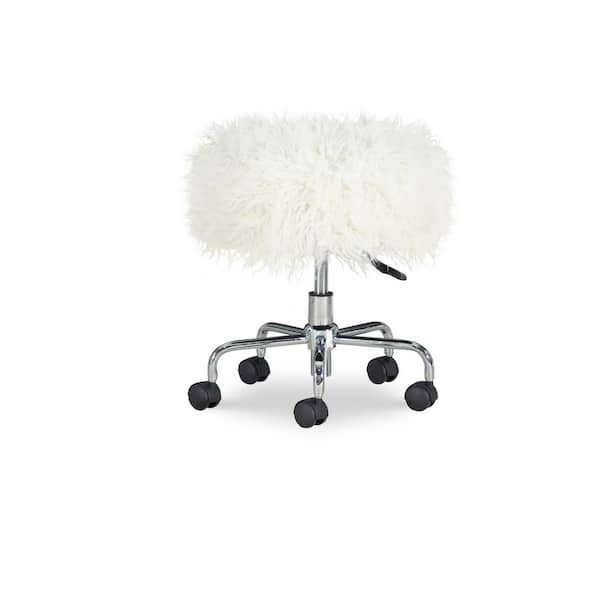 Linon Home Decor Des 18.25 in. White Faux Fur Adjustable Height Backless Rolling Stool