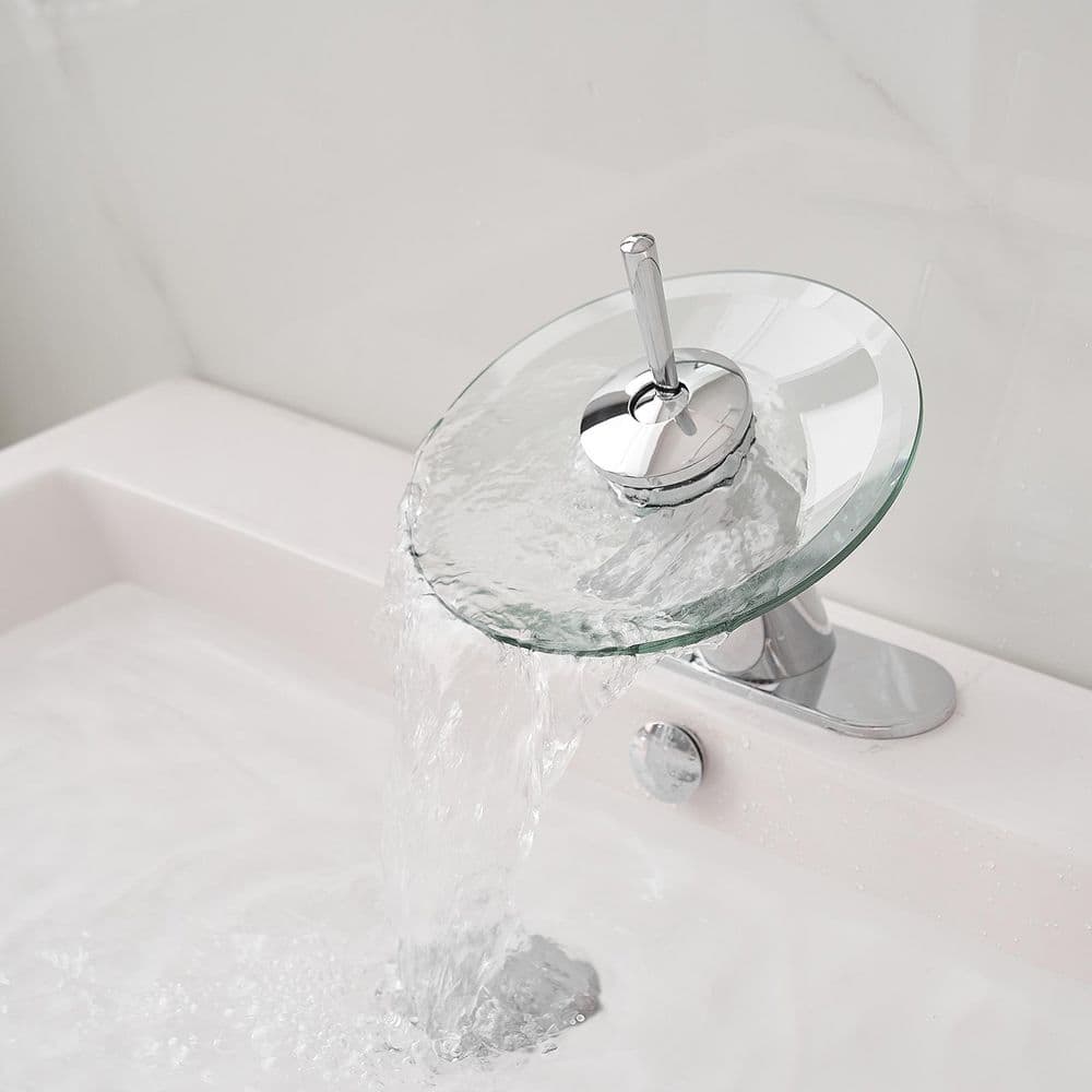 Polished Chrome Single Handle Waterfall Bathroom Faucet with Glass Spout