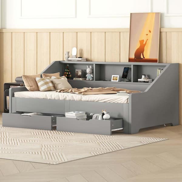 Gray Twin to King Size Daybed Frame with Storage Bookcases and 2-Drawers, Charging Design