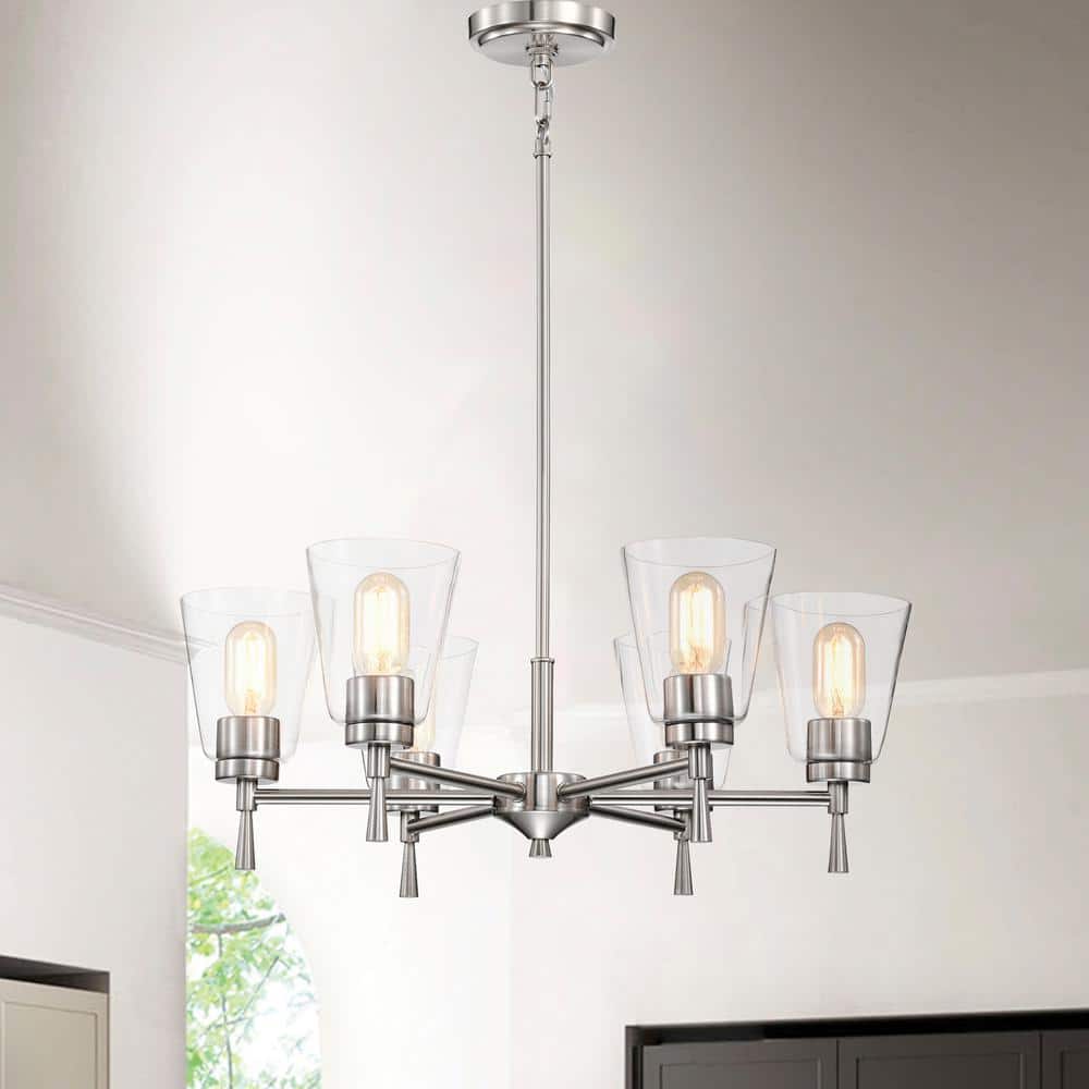 Brushed Nickel 6-Light Modern Chandelier with Clear Cone Glass Shades
