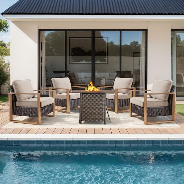 FanKan Brown 5-Piece Wicker Outdoor Glider Chair Patio Deep Seating with Rectangular Fire Table and Beige Cushions