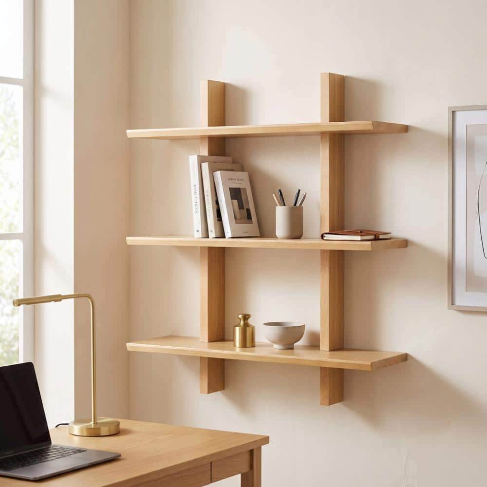 Shouji 28 in. W Solid Wood Floating Wall Shelf in Light Oak