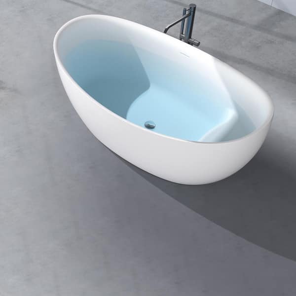 Staykiwi 70 in. x 33 in. Solid Surface Stone Resin Freestanding Soaking Bathtub with Center Drain in White