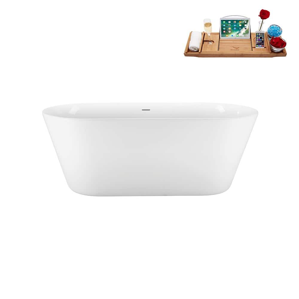 59.1'' White Acrylic Freestanding Soaking Bathtub with Tray