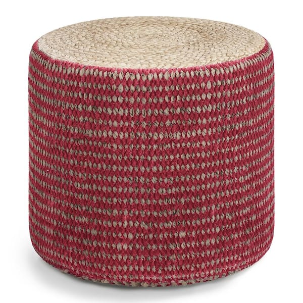 Simpli Home Larissa Boho Round Braided Pouf in Natural and Maroon Jute
