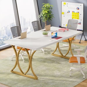 Moronia 62.9 in. Rectangular White and Gold Engineered Wood Computer Desk