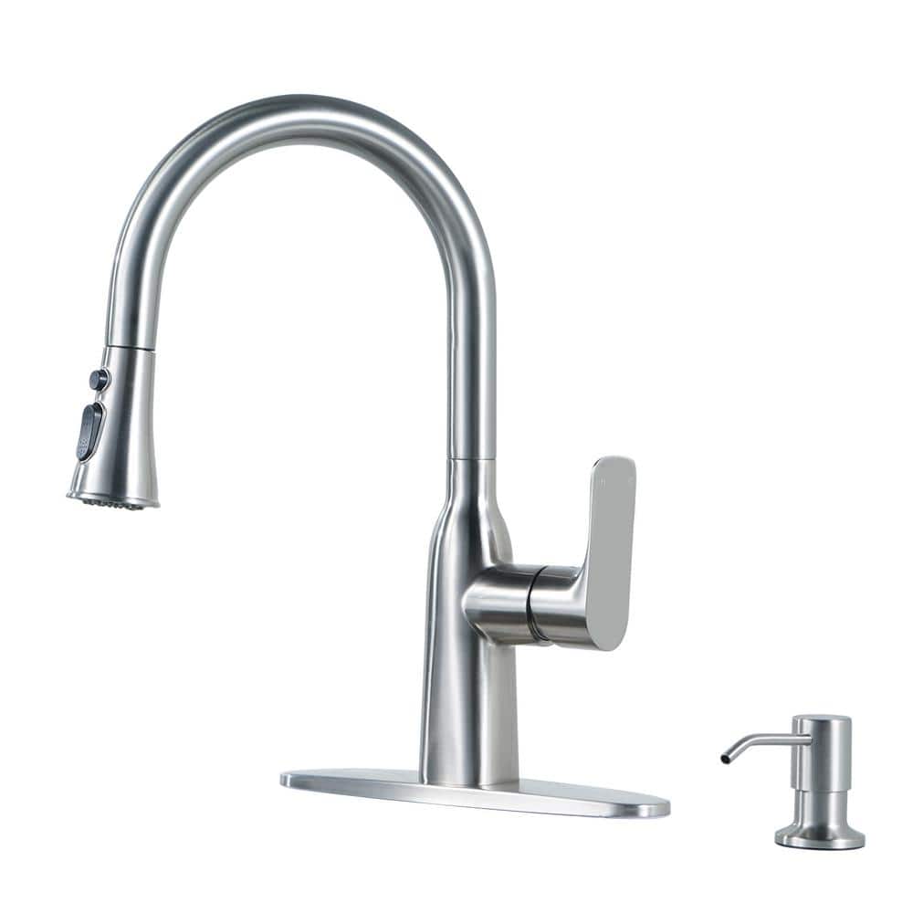 Brushed Nickel Stainless Steel Pull Down Kitchen Faucet with Soap Dispenser