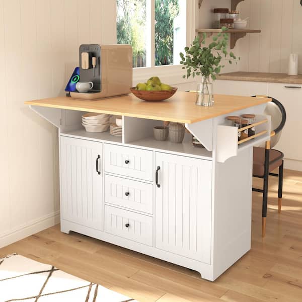 FAMYYT Rolling White Double Drop Leaf Wood Tabletop 56 in. Kitchen Island with Power Outlet and Adjustable Shelves
